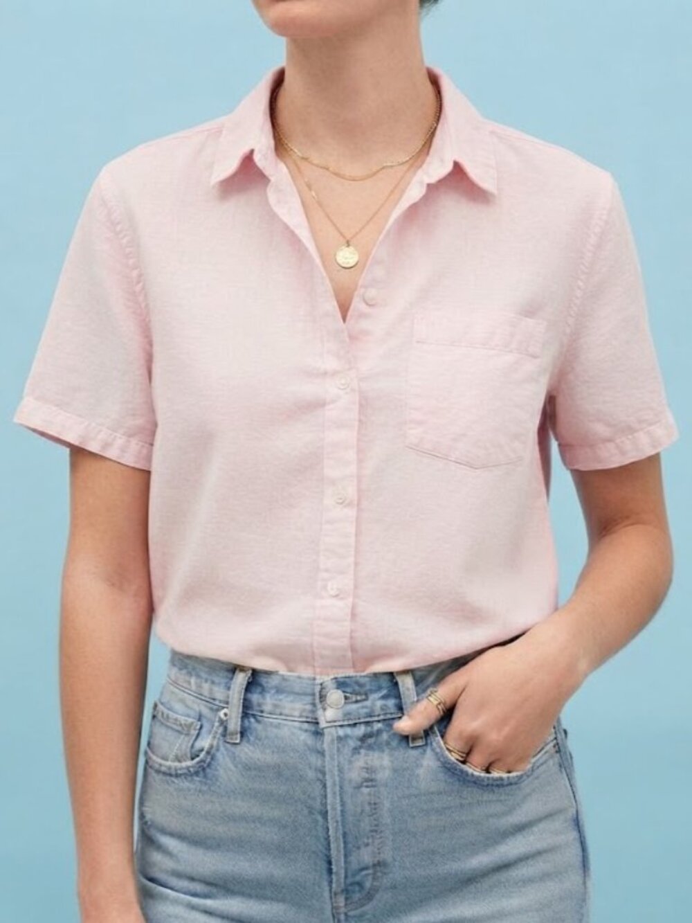 Pink Linen Blend Short Sleeve Button-Down Shirt